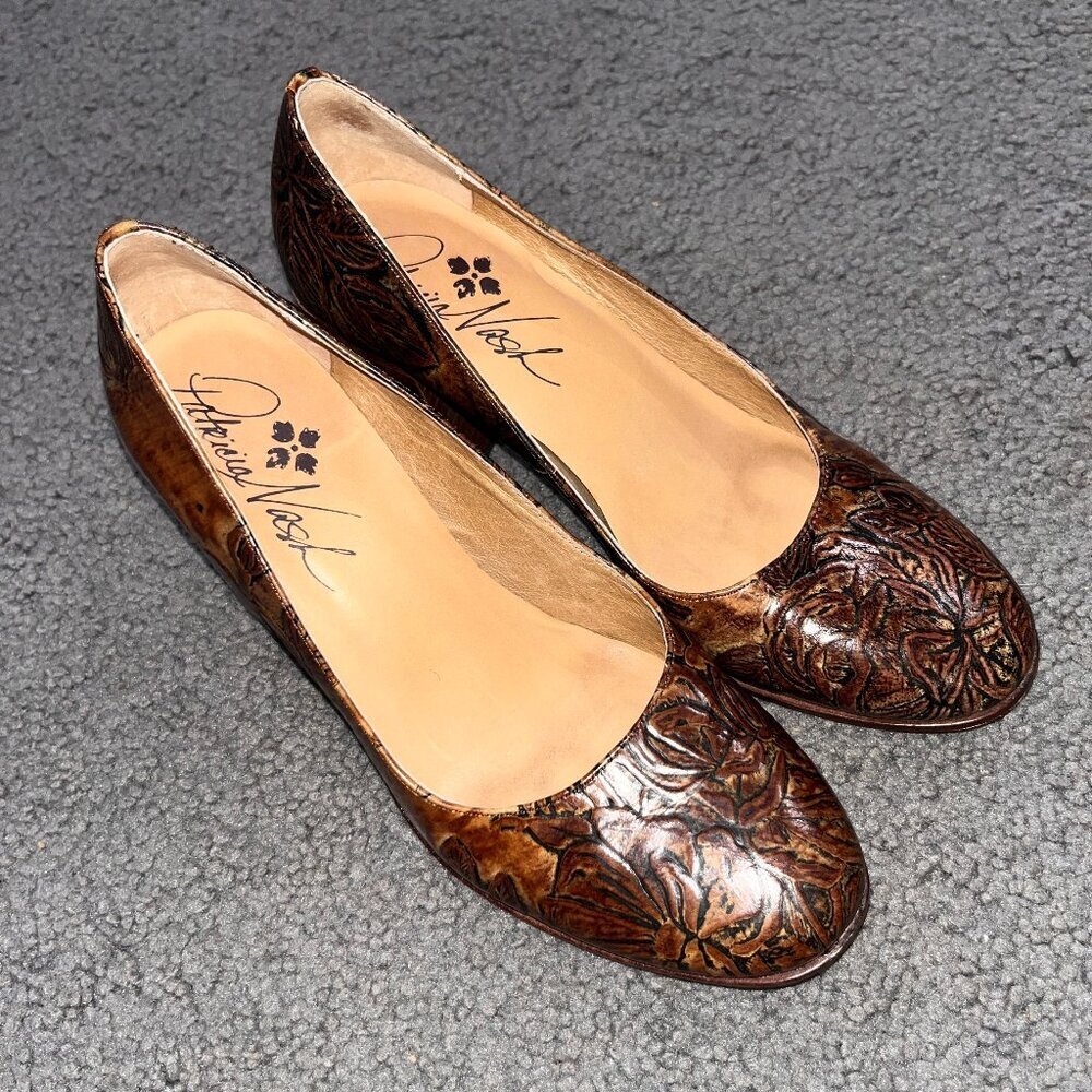 PATRICIA NASH ANITA BROWN FLORAL BARK & LEAVES TOOLED BLOCK HEEL PUMPS EUC - 7.5